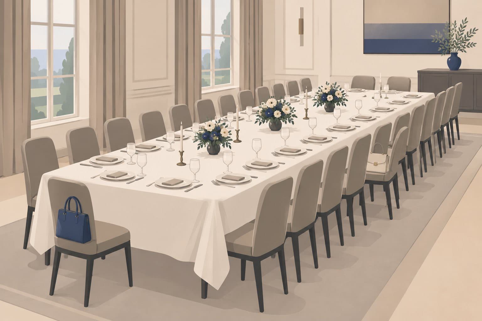Longue table dressée, trente et une chaises, deux avec un sac à main.