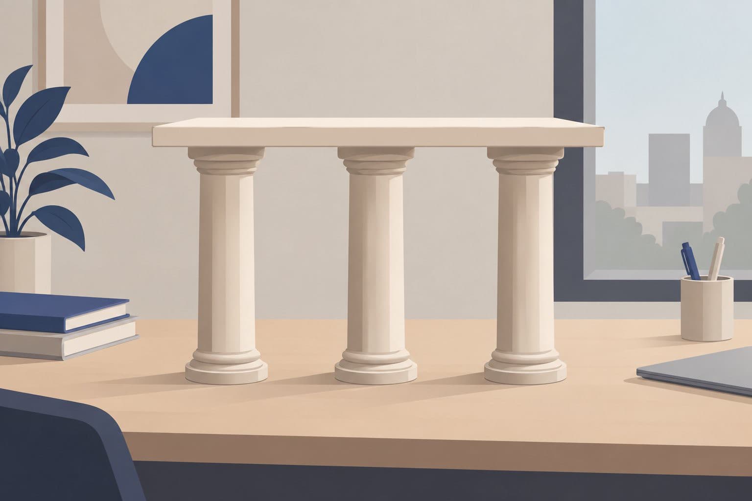 Trois colonnes vides soutenant un plateau, sur une table sobre.