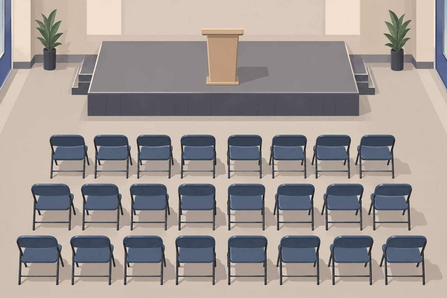 Salle de meeting vide, chaises pliantes au premier rang face à une estrade.