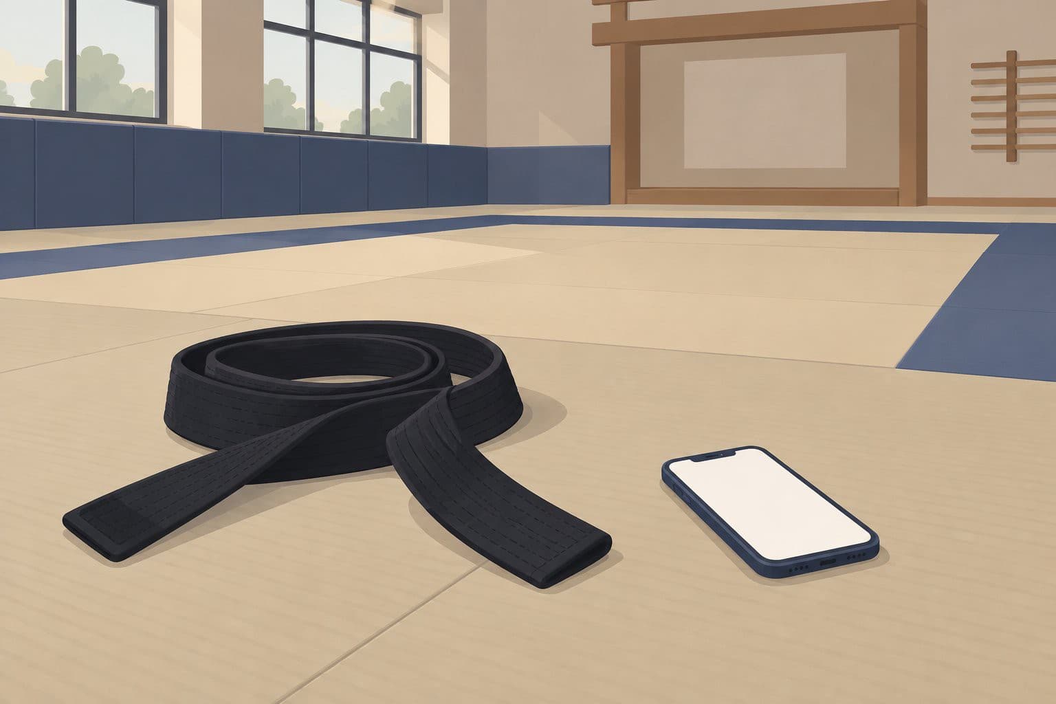 Tatami de judo vide, ceinture noire enroulée, téléphone à l'écran vierge allumé.