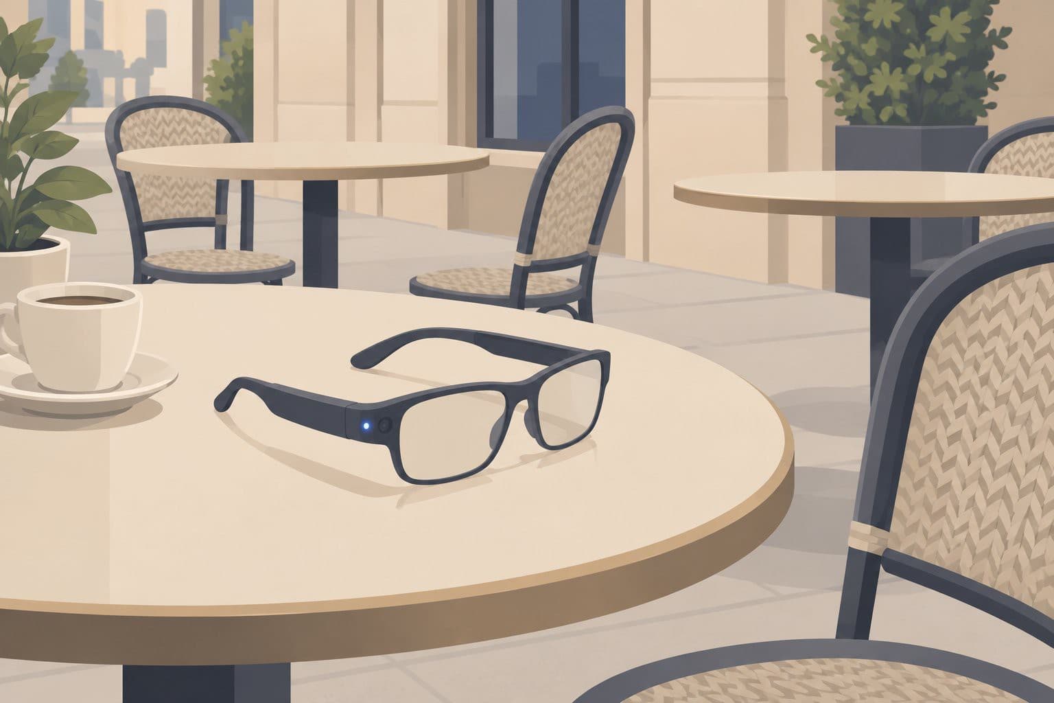 Lunettes connectées sur une table, petit voyant lumineux allumé près de la charnière.