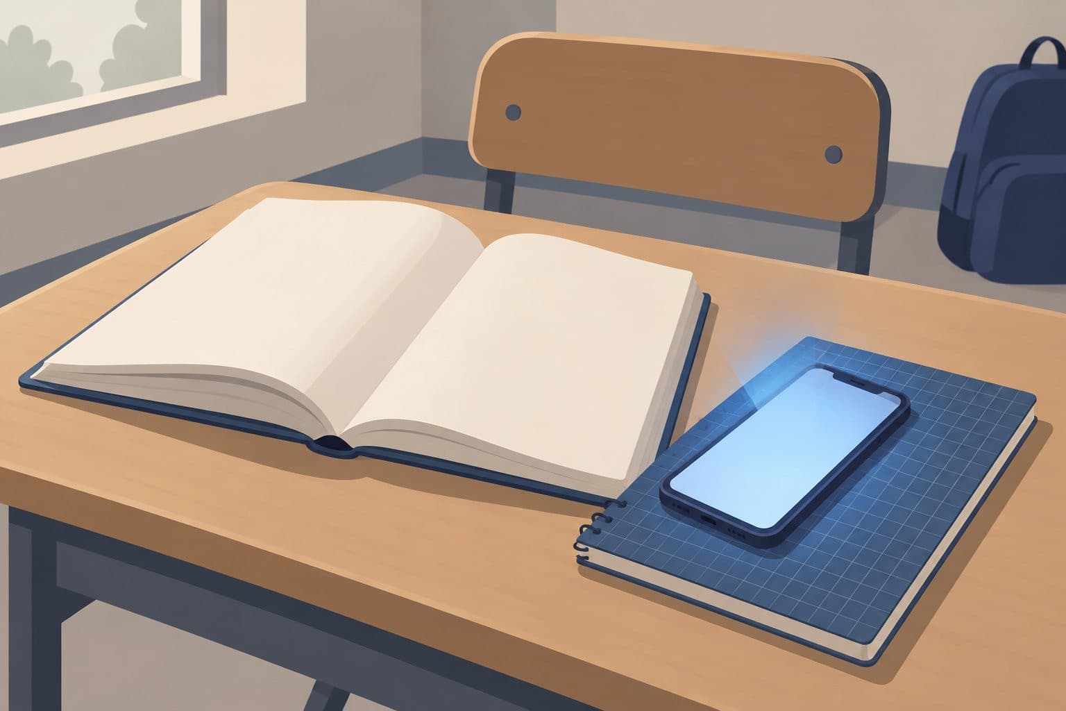 Un smartphone lumineux posé sur un cahier fermé, sur un pupitre scolaire.