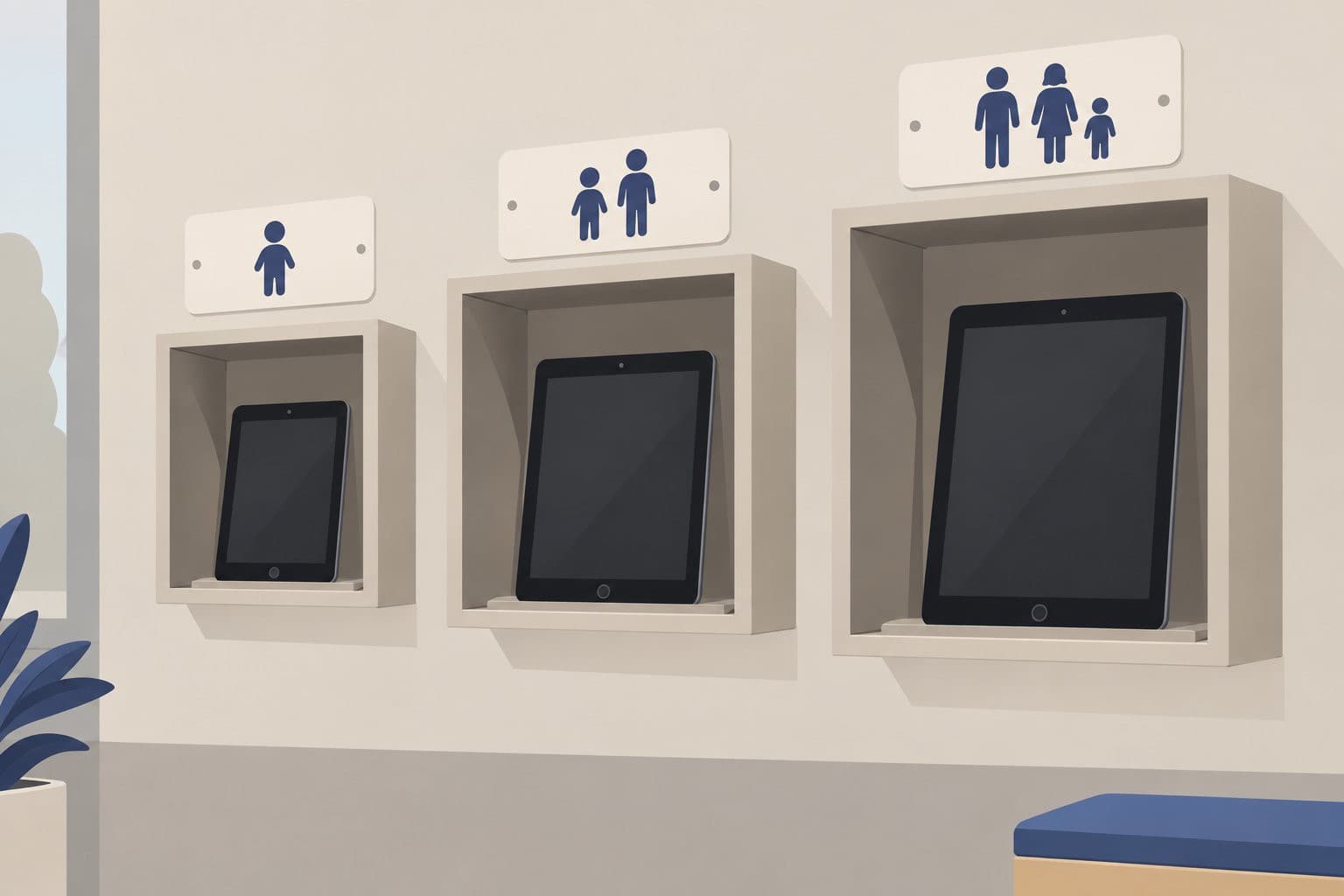 Trois casiers muraux avec tablettes et pictogrammes de tailles d'enfants croissantes.