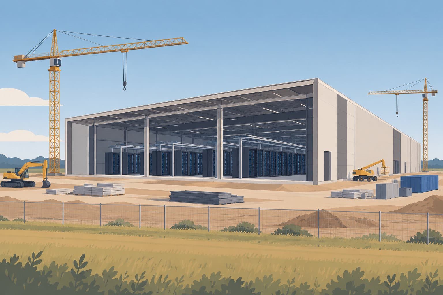 Hangar de datacenter en chantier dans un champ, grues et baies serveurs visibles.