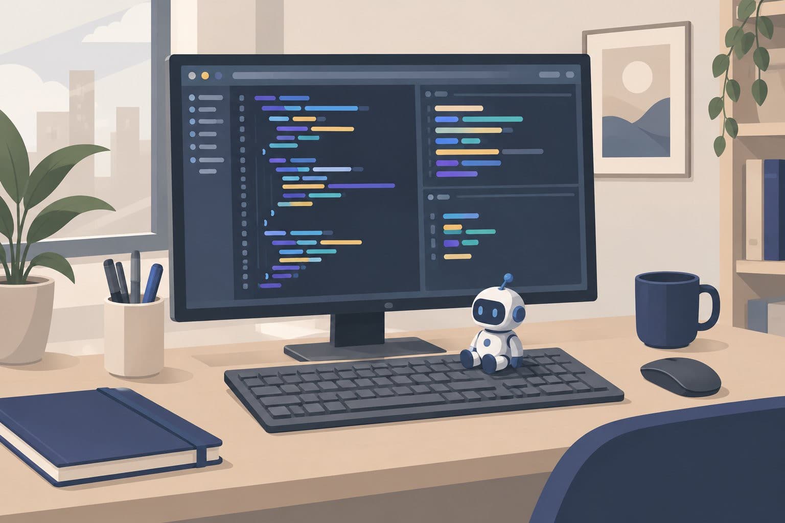 Écran de code vide divisé et petit robot miniature posé sur un clavier.