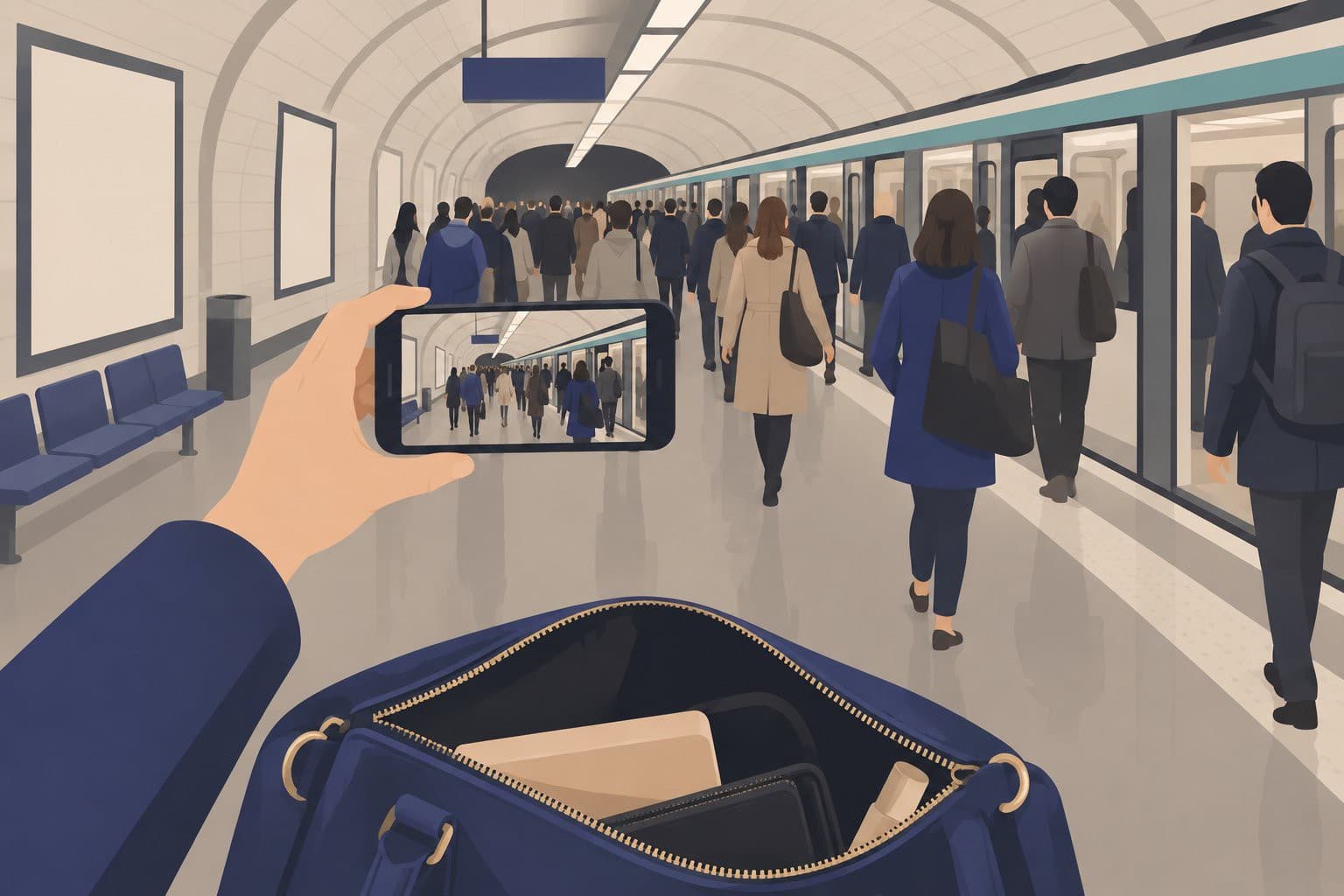 Quai de métro parisien, un téléphone filme la foule, un sac entrouvert.