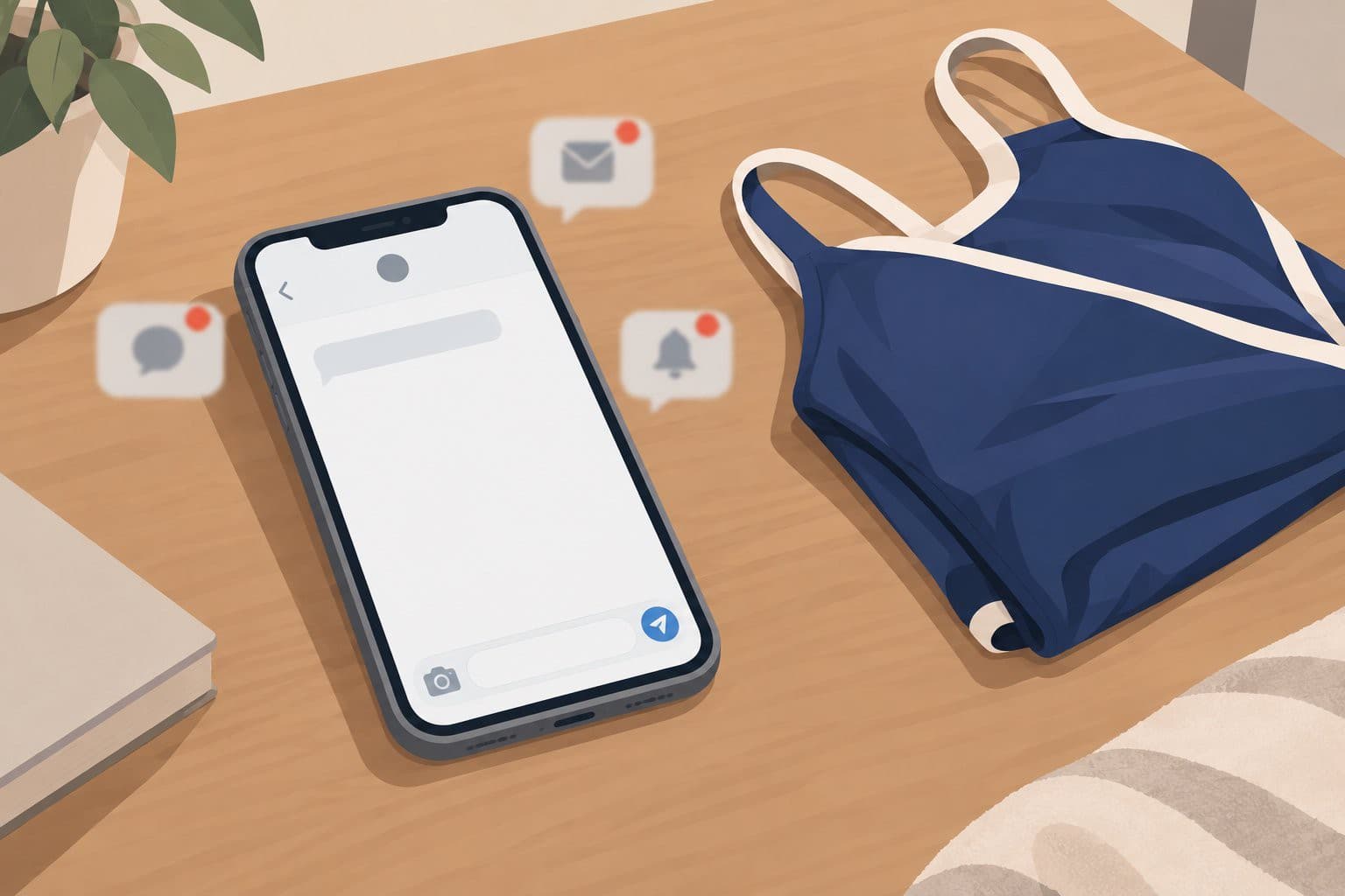 Smartphone sur une table, écran de messagerie vierge, maillot de bain plié à côté.