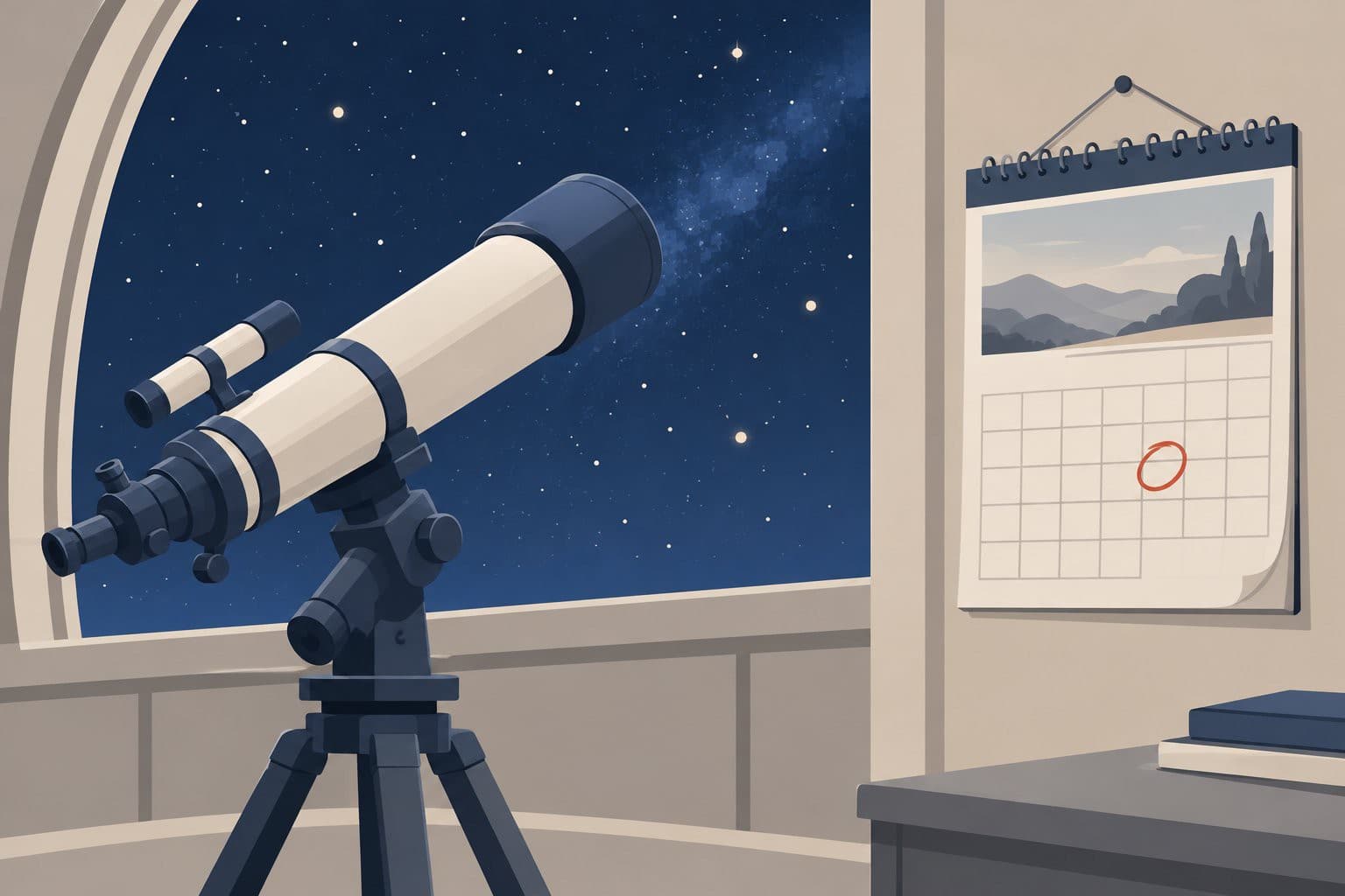 Un télescope dirigé vers les étoiles près d'un calendrier d'avril, une date entourée.