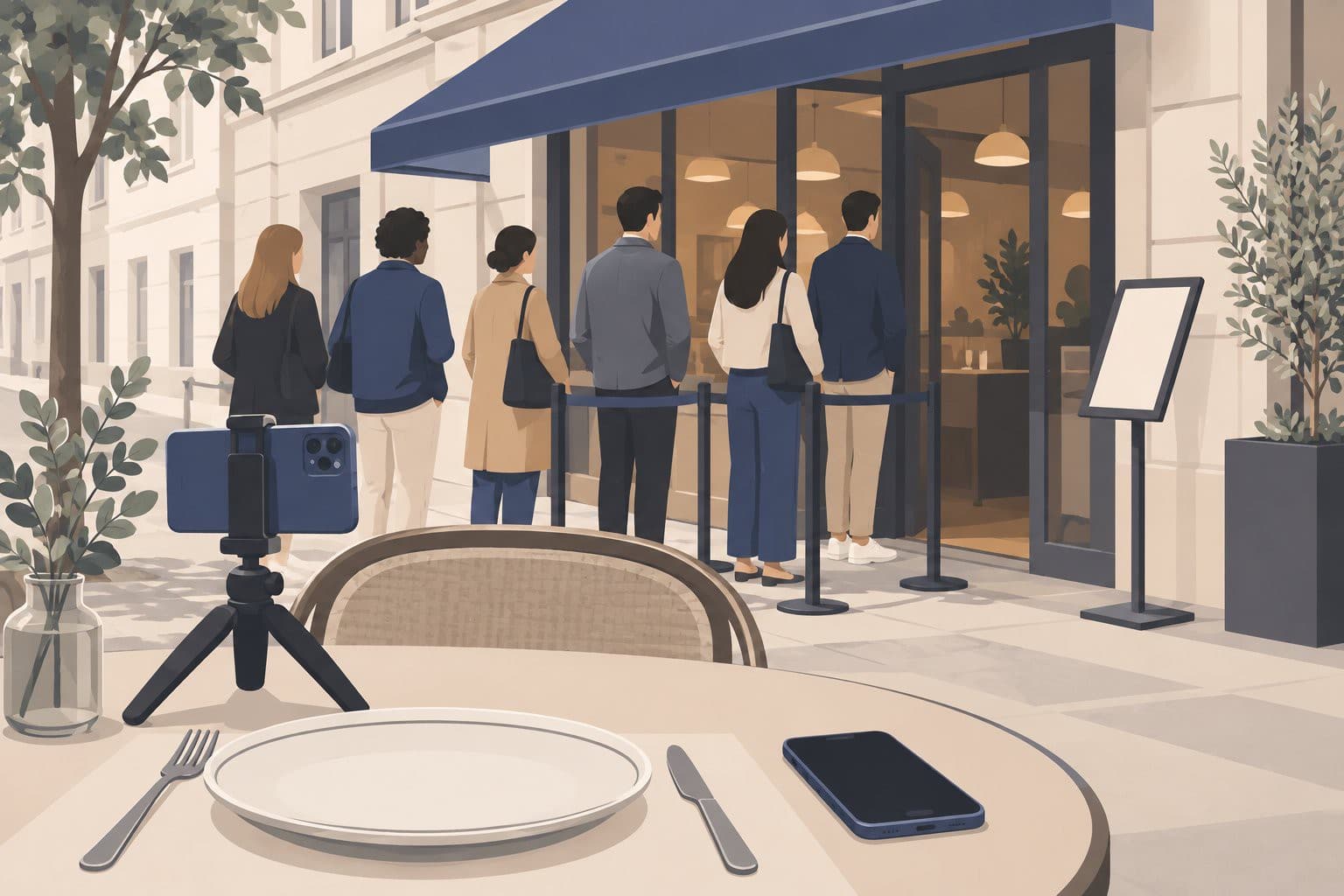 Trépied et téléphone filmant un plat, clients faisant la queue dehors.