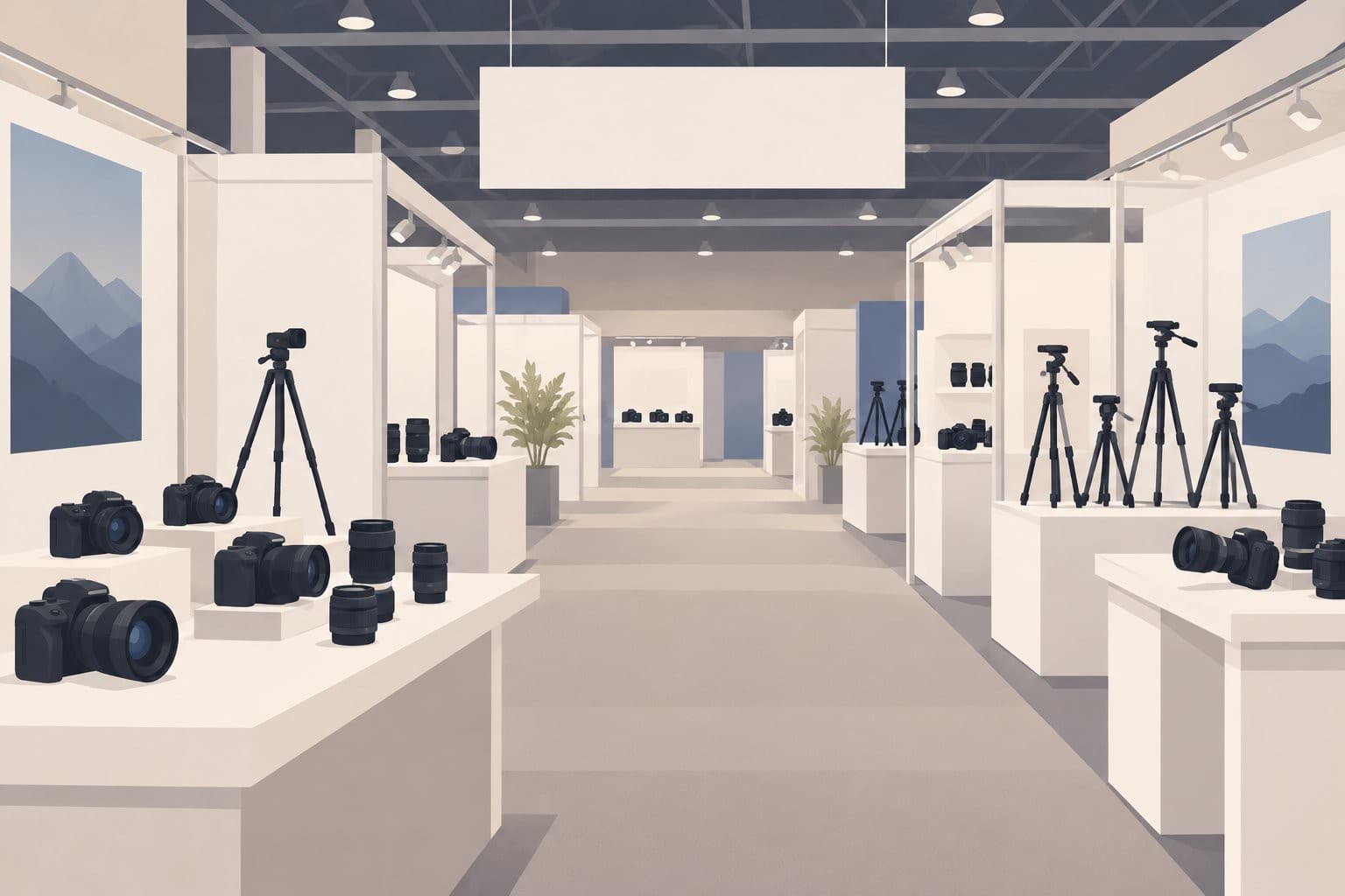 Allée de salon avec stands, appareils photo sur tables, panneau suspendu vierge.