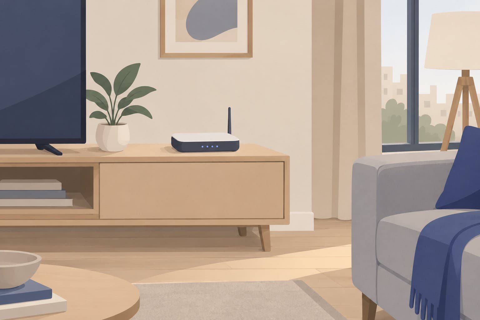 Boîtier internet compact sur un meuble, sans câble relié au mur.