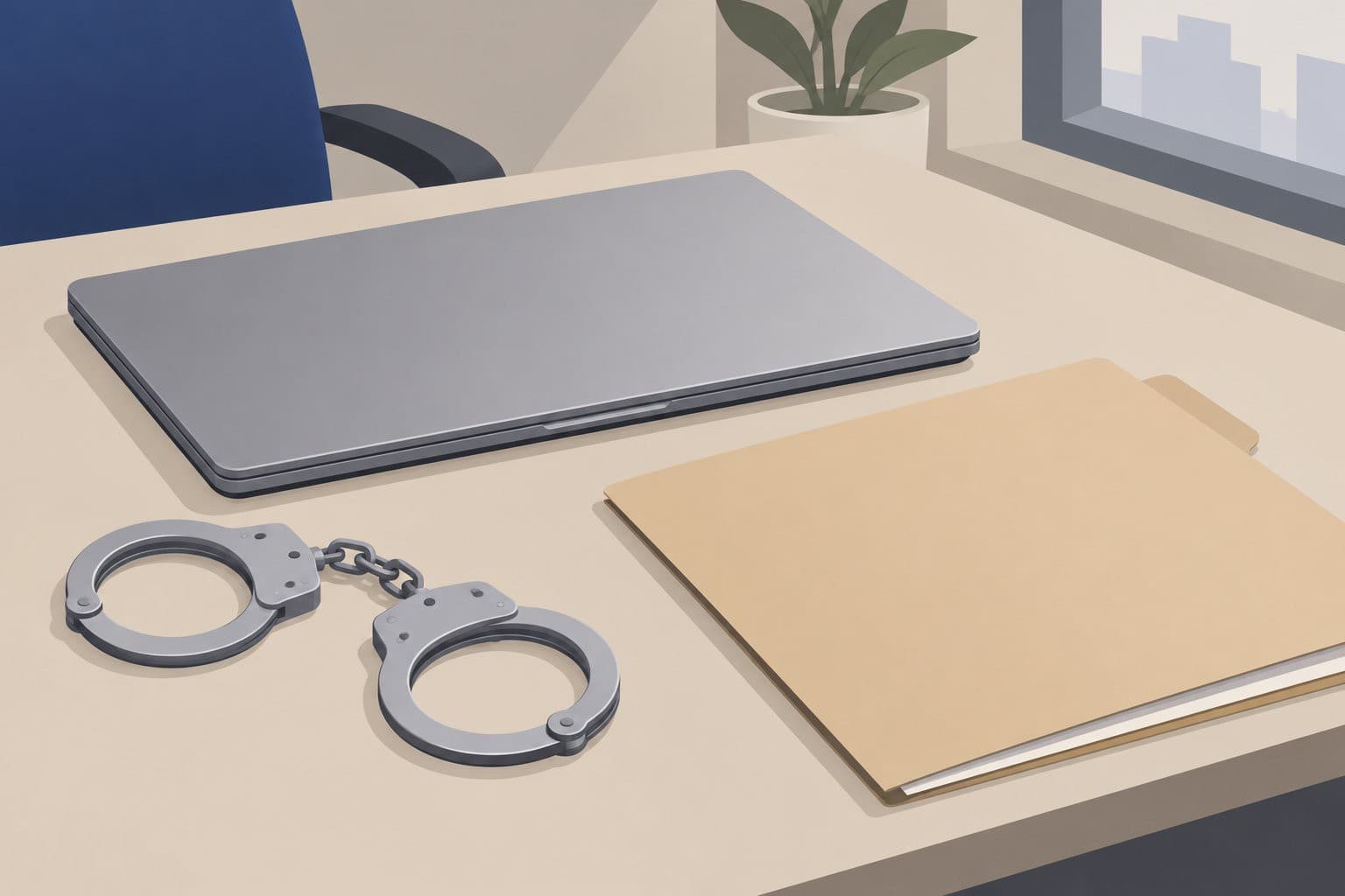 Ordinateur portable fermé, menottes et dossier cartonné sur un bureau.
