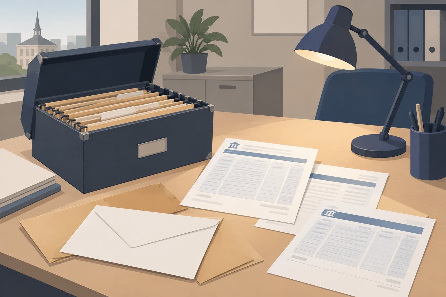 Classeur ouvert, enveloppes et relevés bancaires vierges éparpillés sur un bureau vide.