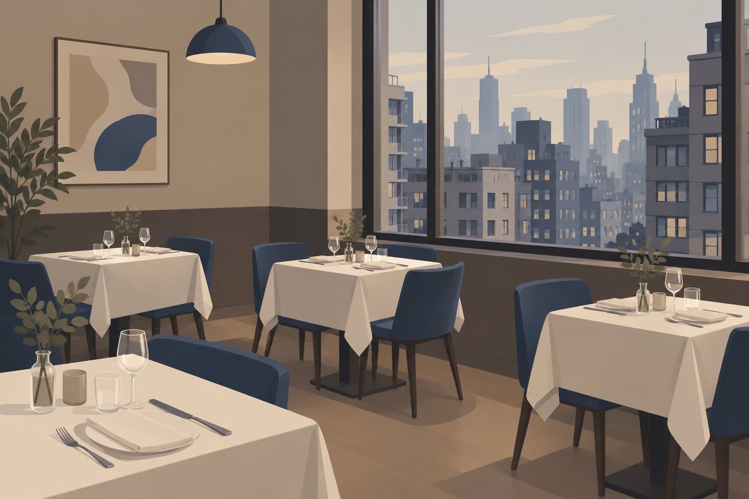 Restaurant vide donnant sur des gratte-ciel serrés d'une ville futuriste.