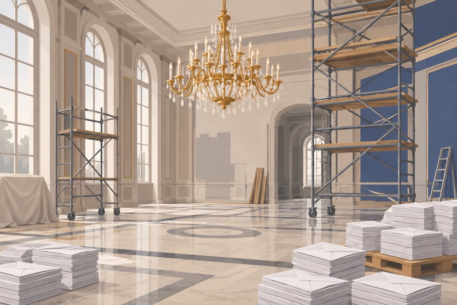 Lustre doré, échafaudages et enveloppes blanches dans une salle de bal inachevée.